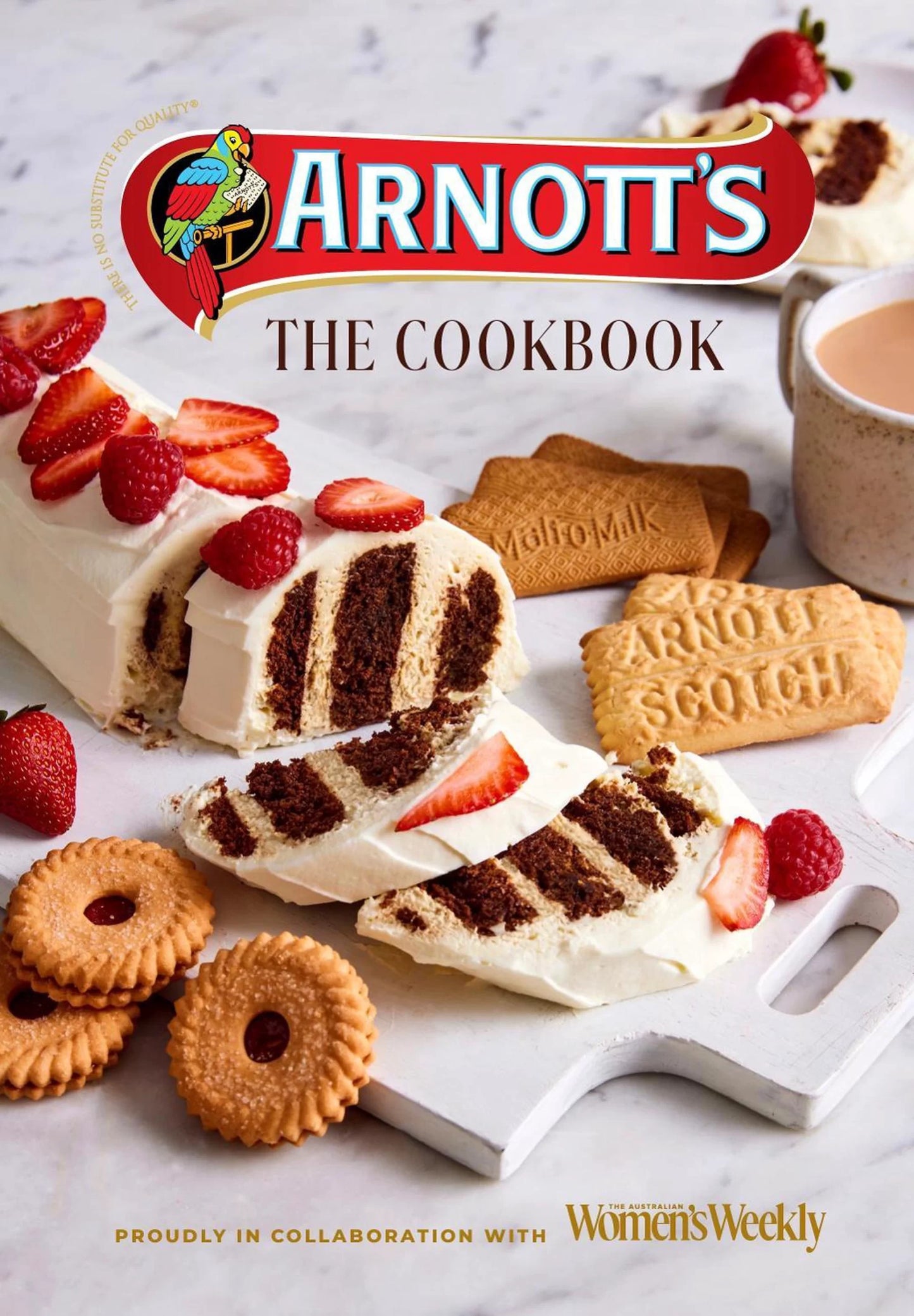 Arnott's The Cookbook cover with cookies, cake, and strawberries on a marble surface