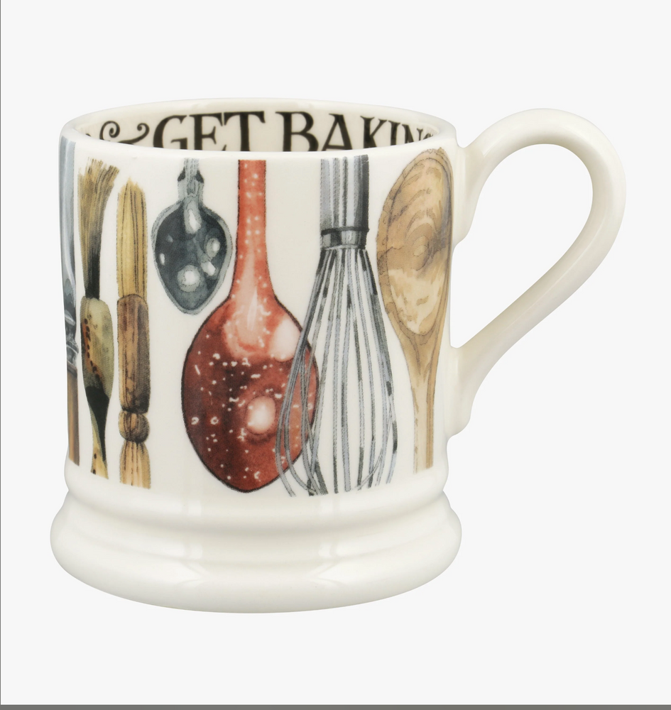 
                  
                    Handmade cream mug with hand painted images of baking utensils and writing inside "Turn on the radio and get baking"
                  
                
