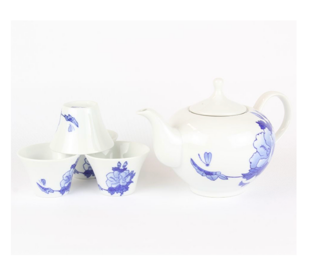 Hand Painted Blue Floral 4-Cup Tea Set