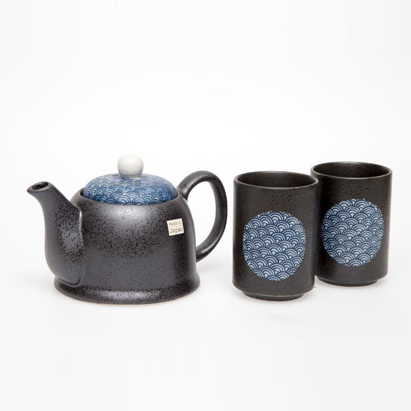 Blue Wave 2 Cup Japanese Tea Set with seigaiha wave pattern, made in Japan
