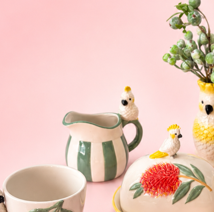 
                  
                    Urban Products Cocky Jug styled with matching cockatoo-themed kitchenware
                  
                
