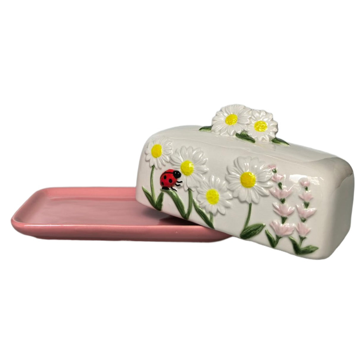Urban Products Daisy Field Butter Dish, side view with lid and base