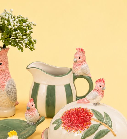 Urban Products Rosie Jug styled with matching cockatoo-themed kitchenware