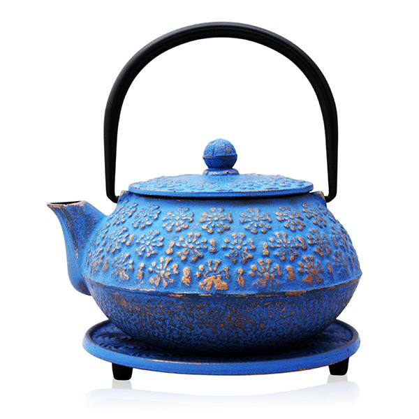 Blue & Gold Blossom Cast Iron Teapot